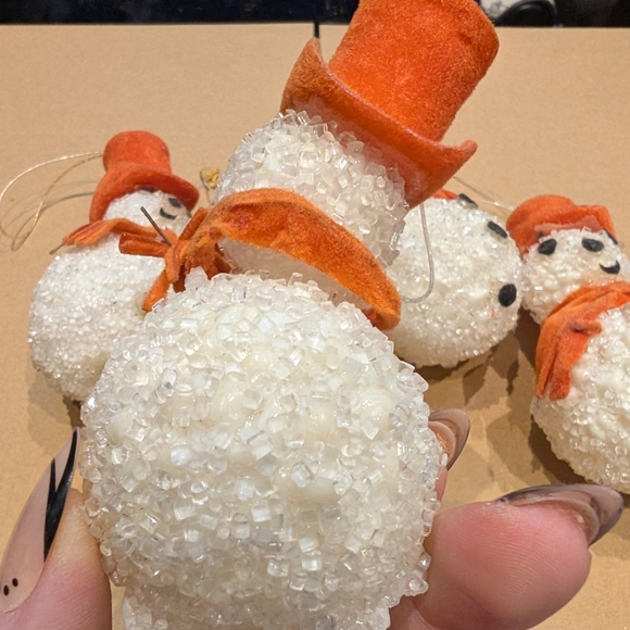 Vintage Handmade Christmas Festive Snowman Ornaments with Orange Hats - Picture 3 of 8